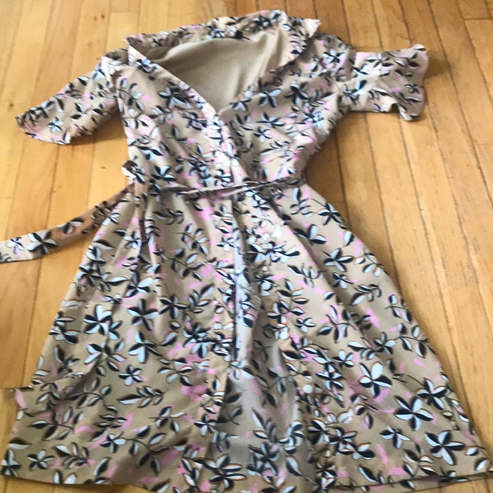 Banana Republic Floral Print Tan Wrap Dress with Pink & Black Accents